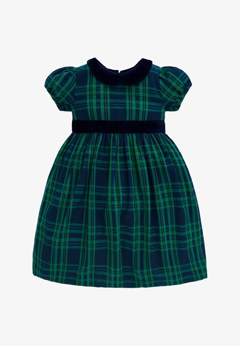 Zielona i granatowa sukienka w kratę dla malucha z krótkimi bufkami, czarnym aksamitnym kołnierzykiem i pasem w tym samym wzorze.
