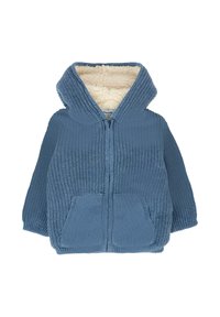 Felpa blu lavorata a maglia con zip frontale, ampie tasche e un morbido rivestimento in pile color crema nella cappuccio. Rifinitura esterna testurizzata.