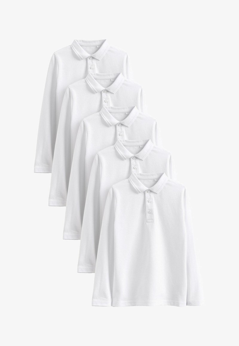 Polo a maniche lunghe bianchi disposti in una pila, realizzati in cotone, con colletto, patta con bottoni e texture liscia.