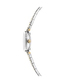 Reloj de acero inoxidable en tonos plateado y dorado que presenta una caja redonda elegante, un bisel suave y una pulsera de eslabones con acabado pulido.