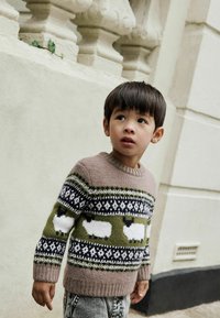 Pull en tricot marron, vert et noir avec un motif de mouton ; poignets et encolure côtelés ; texture douce ; associé à un jean en denim clair.