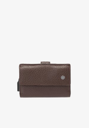 Brown textured leather wallet with flap closure and small round silver emblem on the front, on white background.