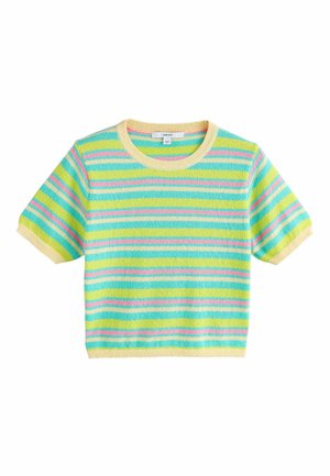 Striktrøje med korte ærmer med vandrette striber i gul, turkis, pink og lysegrøn, med rund halsudskæring og ribkanter.