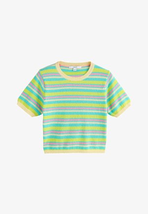 Kurzärmeliger Strickpullover mit horizontalen Streifen in Gelb, Türkis, Pink und Hellgrün, mit rundem Ausschnitt und gerippten Kanten.