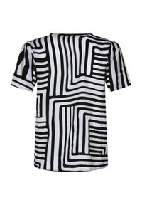 Sort og hvid kortærmet skjorte med abstrakte linjemønstre, letvægtsstof og afslappet pasform, med rund halsudskæring og lige kant.