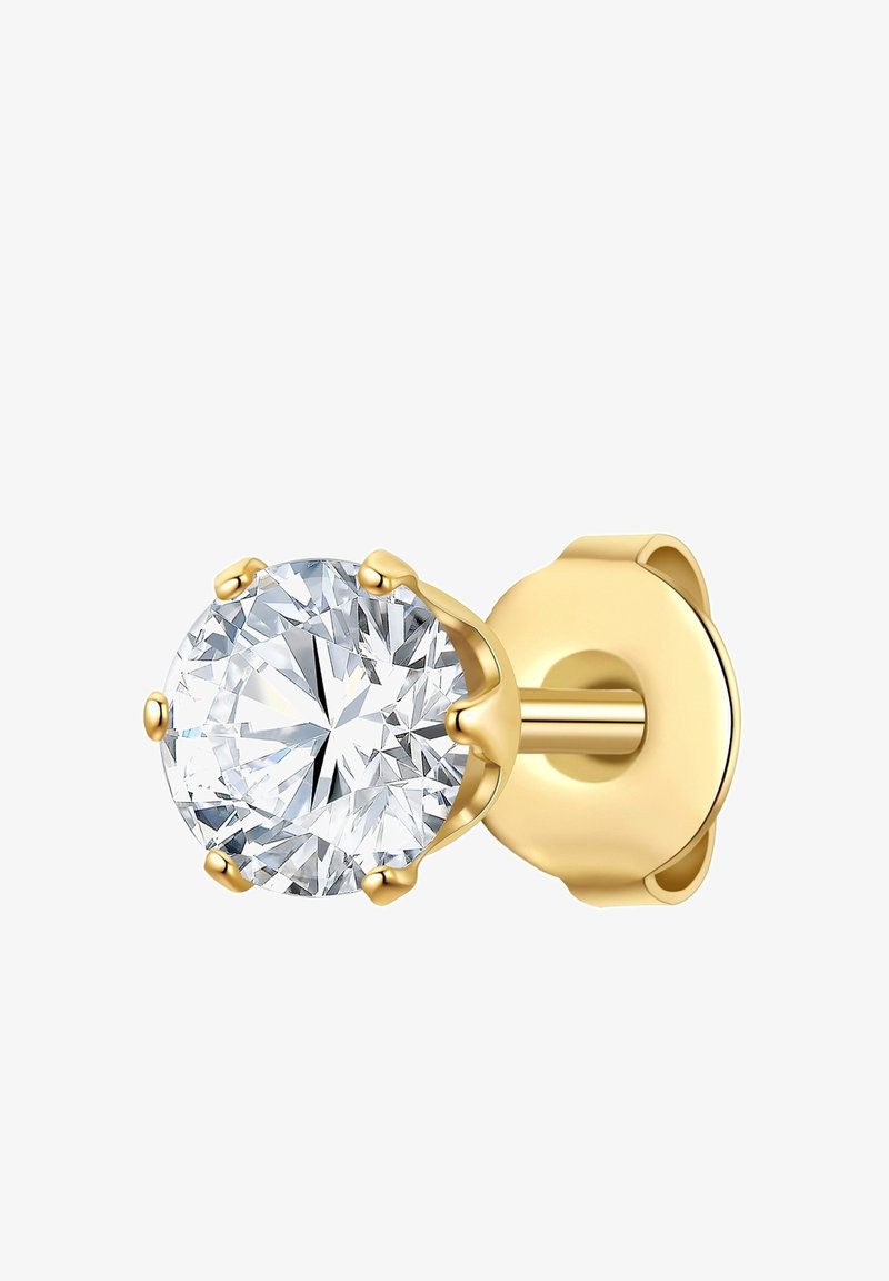 Guldörhänge med en stor rund klar kubisk zirkonia-sten, prong-set med en slät baksida och en enkel stiftdesign.