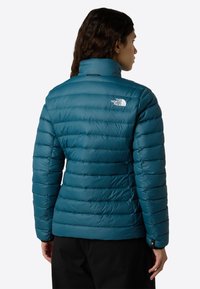 Donna con lunghi capelli scuri che indossa un giubbotto trapuntato teal di The North Face, voltata di spalle su uno sfondo bianco semplice.