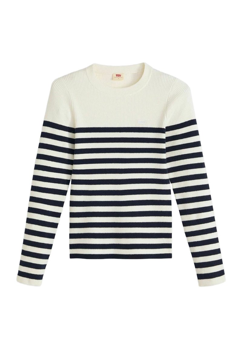 Cream knit sweater with navy blue horizontal stripes across body and sleeves, featuring a round neckline and ribbed texture.