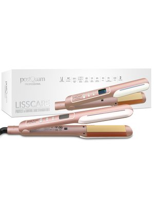 Plancha de pelo eléctrica en oro rosa con pantalla digital y botones, mostrada con caja de producto blanca etiquetada postQuam Professional.