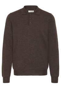Hosszú ujjú pólóing sötétbarna kötött anyagból, gallérral, három gombbal a nyaknál és bordázott mandzsettákkal az ujjain.