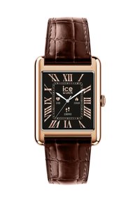 Kvadratinis laikrodis su juodu ciferblatu, rožiniu auksu akcentais, Romėniškais skaičiais ir rudu krokodilo odos dirželiu. Minimalistinis apipavidalinimas ciferblate.