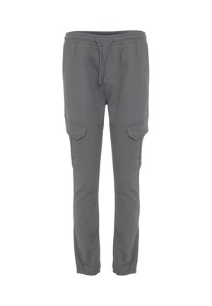 Grijze joggingbroek gemaakt van een katoenmix, met een elastische tailleband, zijzakken en taps toelopende boorden. Gladde textuur, casual ontwerp.