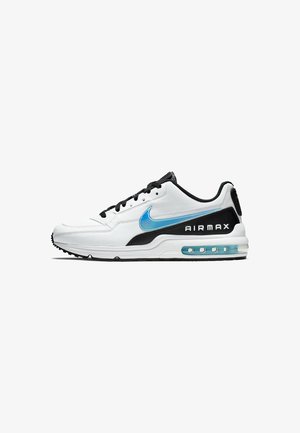 Zapatilla blanca y negra con un swoosh de Nike azul, que presenta una unidad de amortiguación de aire visible, parte superior texturizada y suela de goma duradera.