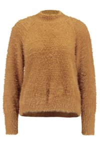 Maglione marrone e peloso con scollo rotondo, maniche lunghe e orlo corto. Il materiale strutturato conferisce un aspetto morbido e accogliente.