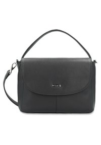 Black textured leather handbag with a flap closure, top handle, and adjustable shoulder strap. Features a small logo accent on the front.