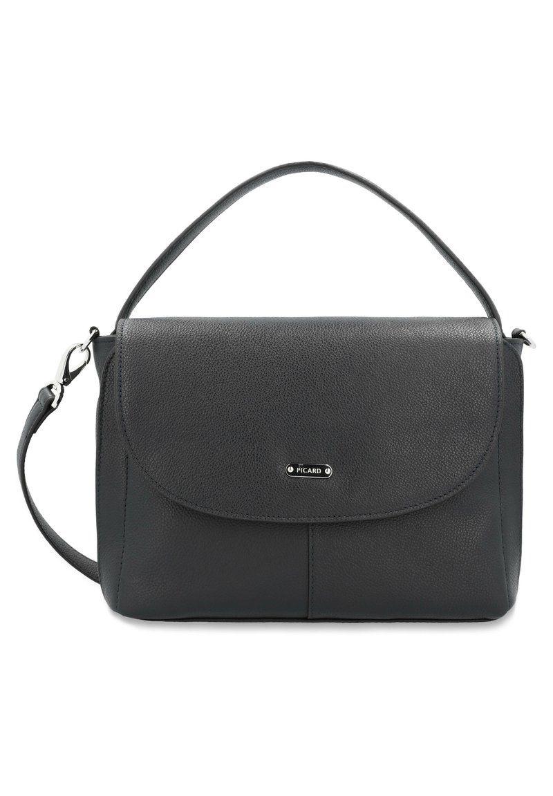 Black textured leather handbag with a flap closure, top handle, and adjustable shoulder strap. Features a small logo accent on the front.