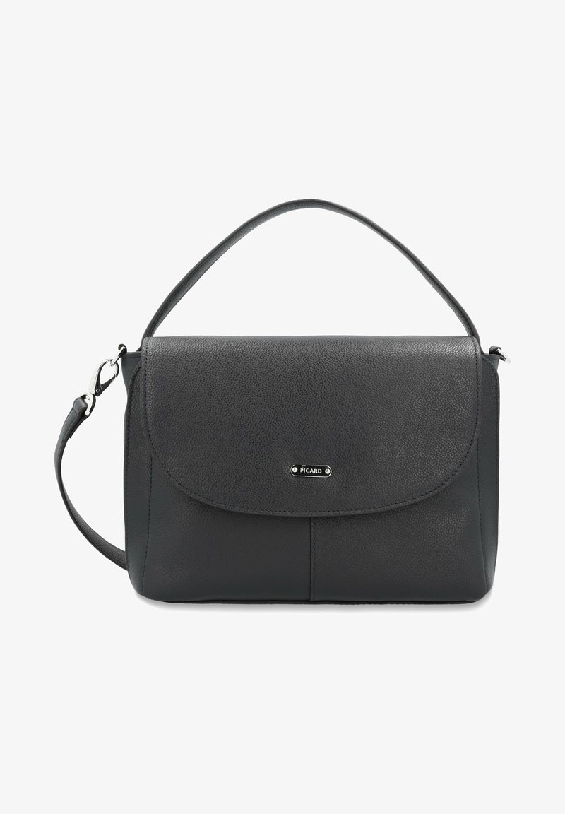 Black textured leather handbag with a flap closure, top handle, and adjustable shoulder strap. Features a small logo accent on the front.