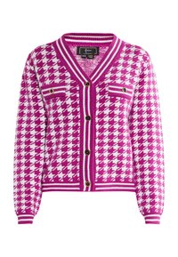 Rosa och vit houndstooth-mönstrad cardigan med V-ringning, knappstängning och två bröstfickor. Har ribbade ärmslut och nederkant.