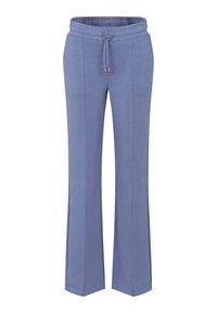 Light blue, elastic waist pants with a drawstring. Features a flared design and vertical seams for added texture. Soft fabric.