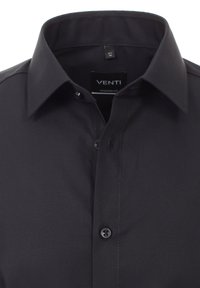 Schwarzes Venti Modern Fit Hemd mit Kentkragen, durchgehender Knopfleiste und glatter Textur mit einem dezenten Glanz.