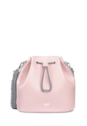 Pink, glossy bucket bag with a gray braided strap, cinched top, silver hardware, and logo at the base. Smooth texture and rounded shape.