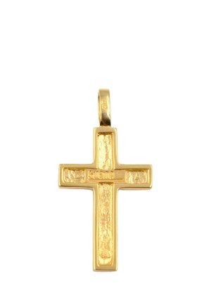 Ciondolo a forma di croce color oro con finitura lucida, caratterizzato da un centro testurizzato e bracci lisci, dotato di un anello superiore per l'attacco.