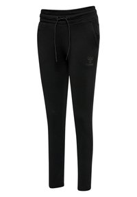 Czarne, dopasowane spodnie dresowe typu jogger z troczkiem w pasie i bocznymi kieszeniami, z subtelnym logo hummel na lewym udzie.