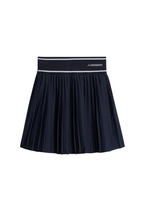 Gonna a pieghe blu navy realizzata in tessuto leggero, con una ampia vita elasticizzata decorata con accenti bianchi e grigi e un logo.