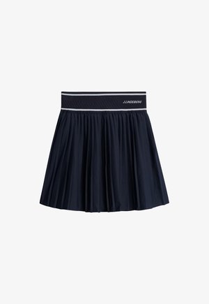 Mørkeblå plissert nederdel lavet af letvægtsstof, med en bred elastisk talje med hvide og grå accenter samt et logo.