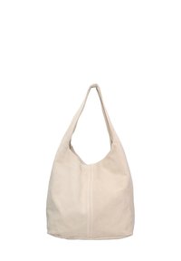 Beige Baumwoll-Schultertasche mit einem einzelnen, runden Tragegriff, einer weichen Textur und einer mittigen Naht. Schlichtes, ungeschmücktes Design.