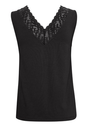 Haut sans manches noir avec un décolleté en V, présentant une insertion en dentelle le long du col, fabriqué dans un tissu doux avec une texture lisse.