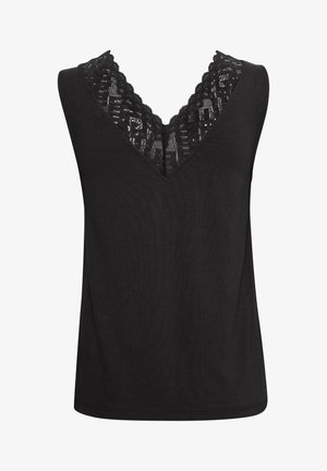 Black sleeveless top featuring a V-neck design with a lace inset along the neckline, made from soft fabric with a smooth texture.