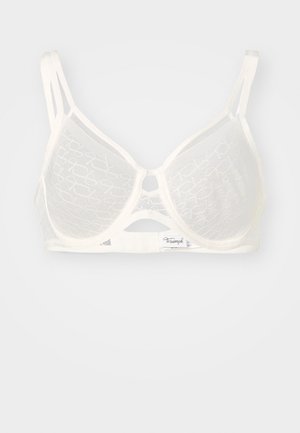 Biely polopriehľadný podprsenka s kostičkami, s potlačenými sieťovými košíčkami, dvojitými ramienkami a malým výrezom v strede vpredu.