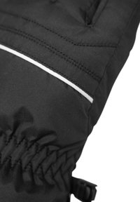 Guanto isolante nero con superficie testurizzata, dotato di cuciture bianche a contrasto e polsino arricciato per una vestibilità aderente. Include una fascia.