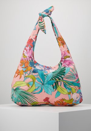 Sac d'épaule en tissu doux avec base rose et imprimé floral tropical coloré, avec une poignée nouée en haut.
