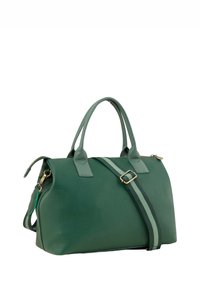 Green leather handbag with dual handles and adjustable striped shoulder strap. Features a textured surface and gold hardware accents.