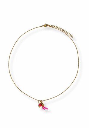 Delicate gold chain necklace with small pineapple and bright pink chili pepper charms hanging near the clasp.