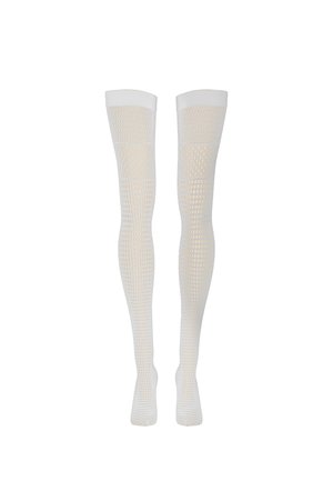 Bas filet blancs montant jusqu'à la cuisse avec des larges bandes unies en haut, présentés de face sur un fond uni.