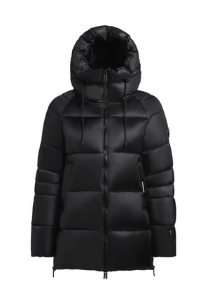 Melnā pūkaino jakā ar augstu apkakli, ar rāvējslēdzēju priekšā un elastīgām piedurknēm. Gluda, spīdīga auduma konstrukcija ar izšūtu rakstu un slēptām kabatām.