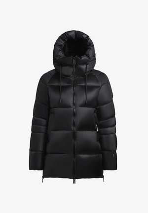 Mustre puffer jakk mustas, millel on kõrge krae, lukuga eesmine osa ja elastsed mansetid. Sile ja läikiv kangas, millel on tikandmustrite ja varjatud taskud.