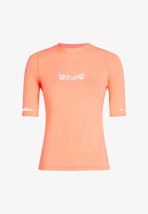 Coral short-sleeve rash guard with white floral O'Neill logo centered on chest and additional white logos on both sleeves.