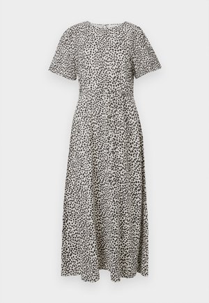 Beež värvi maxi kleit musta täpimustriga, lühikeste varrukatega, ümar kaelus ja esiküljel ning vöökohal nupud.