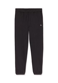 Pantalon de jogging noir avec taille élastique, jambes fuselées et petit logo blanc sur la cuisse droite, présenté à plat sur un fond blanc.