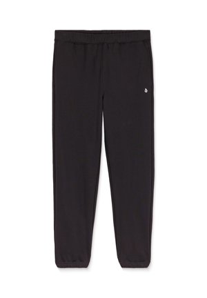 Black elastic waist sweatpants with tapered legs and small white logo on the right thigh, displayed flat on a white background.