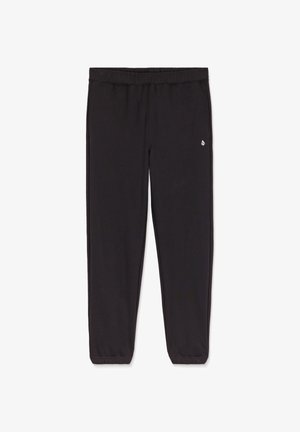 Schwarze Sweatpants mit elastischem Bund, konisch zulaufenden Beinen und kleinem weißem Logo am rechten Oberschenkel, flach auf weißem Hintergrund dargestellt.