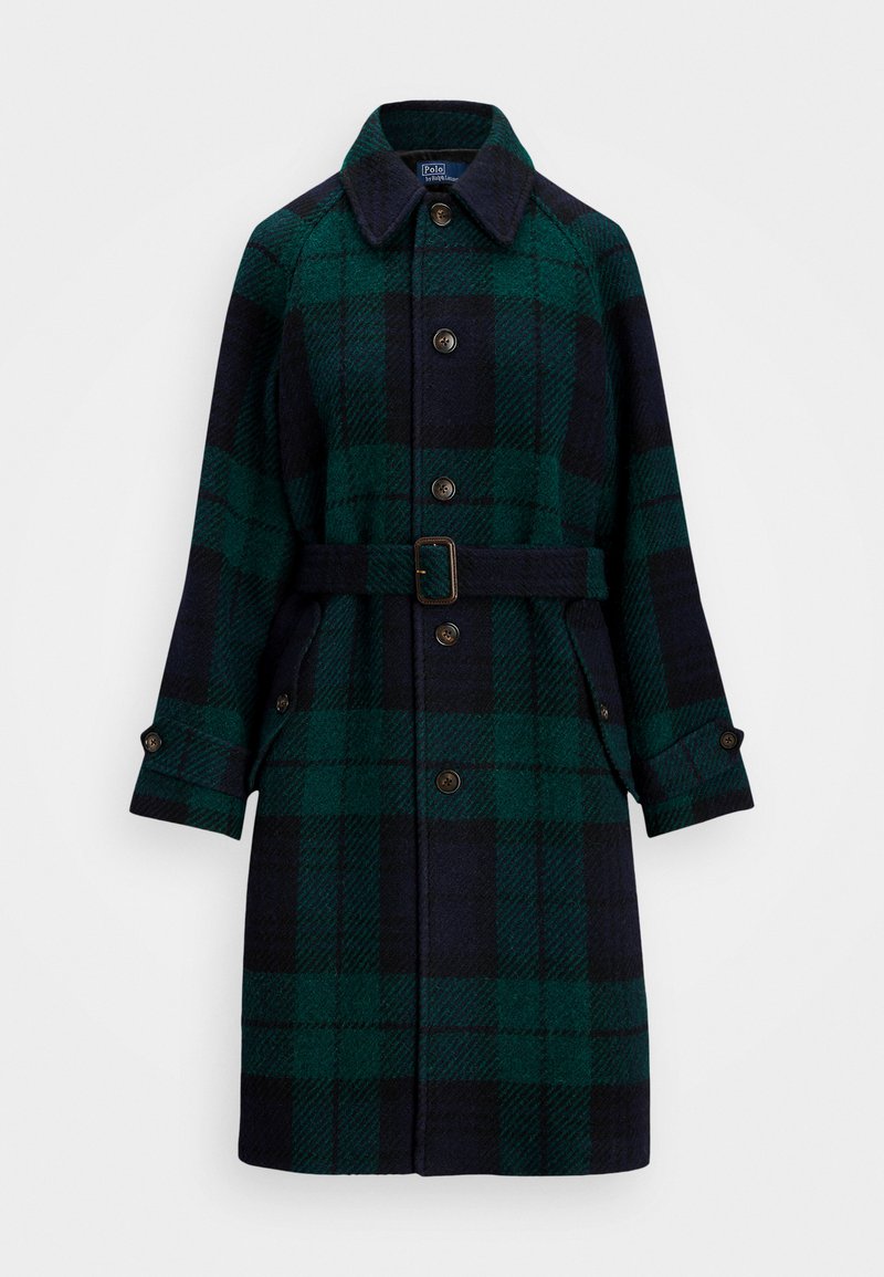 Plaid wool coat in dark green and navy. Features a collar, front buttons, a belted waist, and two side pockets. Textured fabric.