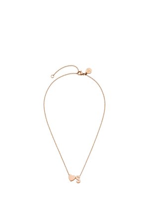 Delicate gold chain necklace with a heart and letter S charm on a white background.