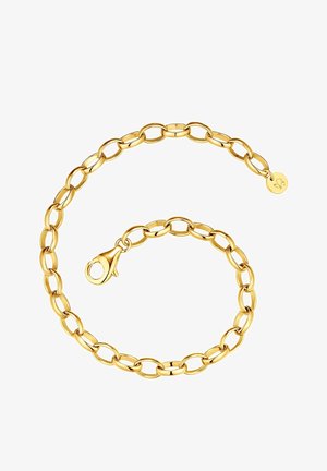 Auksinis grandinės apyrankė su dideliais, susijungiančiais ovaliais žiedais. Komplekte yra omaro tipo sagtis ir mažas, apvalus ženklelis su logotipu.