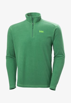 Sudadera de forro polar verde con media cremallera, mangas largas y un pequeño logotipo en verde claro en el lado izquierdo del pecho. Textura suave, diseño casual.