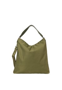 Oliwkowa torba wykonana z gładkiego materiału, charakteryzująca się luźnym fasonem, posiada pasek na ramię oraz regulowany uchwyt na górze.